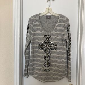 Vocal Brand Womens Knit Long Sleeve T Shirt  Embellished Cross Gray Striped L